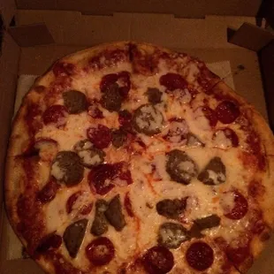 Large pizza: sliced meatballs, pepperoni and extra cheese.