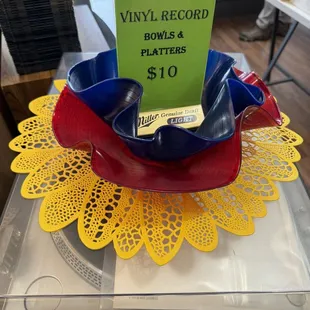 Vinyl record bowls and platters for sale.