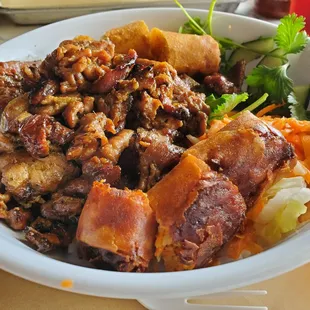 Grilled Pork Vermicelli bowl with egg rolls