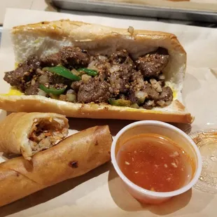 Shaking beef sandwich with eggrolls!