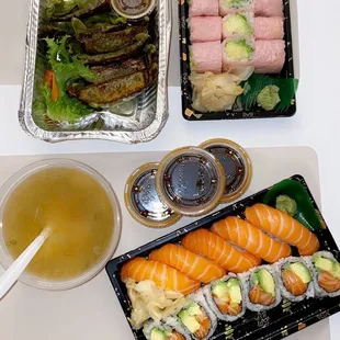 6-Piece Vegetable Gyoza Avocado Roll with soy paper  Miso Soup Salmon Avocado Roll Salmon