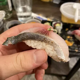 a person holding a piece of sushi