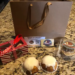 Baby pound cakes (lemon, vanilla), chocolate chip cookies, Valentine&apos;s cookie cupcakes