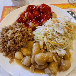 Combination number 3 with almond chicken, sweet and sour pork, pork fried rice, and chow mein