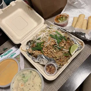 Chicken Pad Thai with Peanut Curry sauce, Spring Rolls and Chicken Rice Soup.
