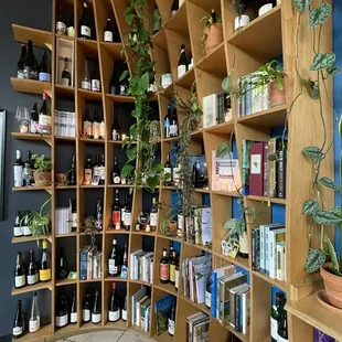 Intricately displayed wine bottles on bookshelf