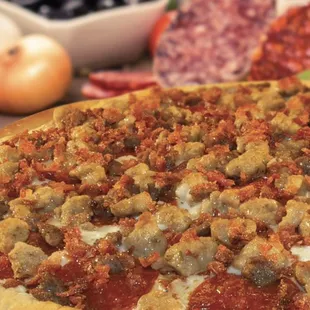 Pepperoni, Bacon and Sausage Pizza