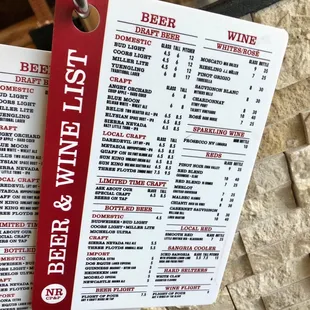 Beer and wine menu