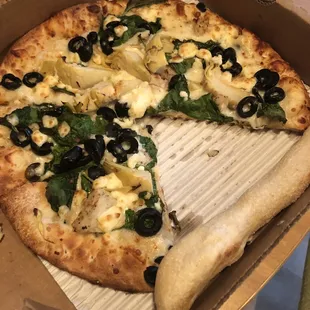 Greek Delight Pizza  with Breadstick  (missing pieces due to immediate consumption by photographer)