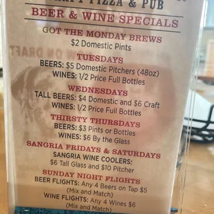 Beer and wine specials