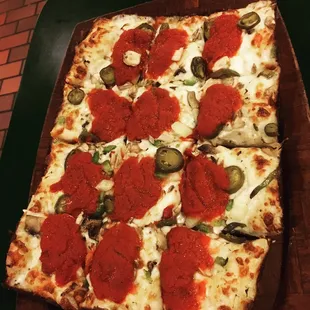 Deep dish pizza with three toppings!