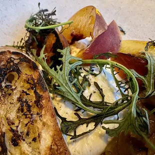 Burrata with Charred Peach, Roasted Shallots, and Grilled Bread - Noble Rot