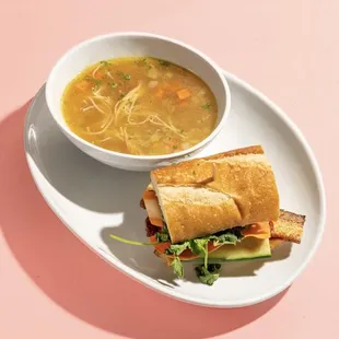 A rotisserie pork belly sandwich and a cup of housemade noodle soup makes for the perfect mid-week lunch or dinner! Only $13!