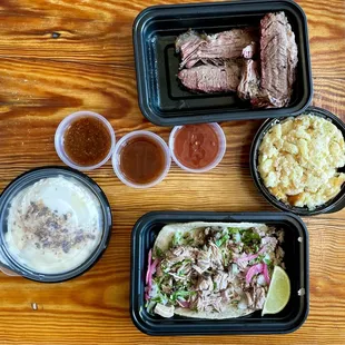 Prime Beef Brisket - 1/4 lb., Mac-n-Chz, Chopped Cheshire Pork Taco, Banana Pudding