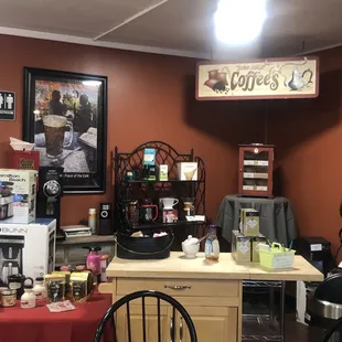Place to doctor up your coffee or buy something for home.