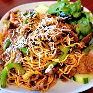 Mongolian vegan 'beef' with chow mien noodles.