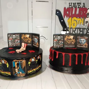 Tres leches left, ice cream cake on the right. Mike Myers themed with custom topper.