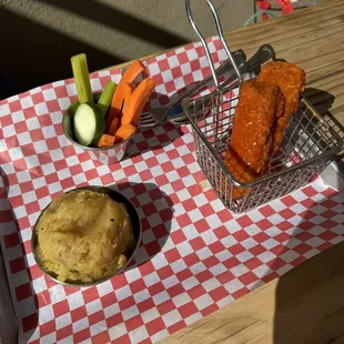 Buffalo Tenders with veggies (hold the ranch) and mashed potatoes
