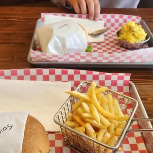 Potato salad side (back). fries side.