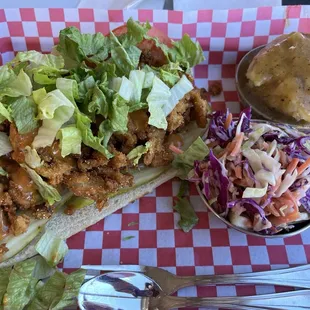 The Po Boy Sando with mashed potatoes (extra gravy of course) and slaw. VEGAN HEAVEN