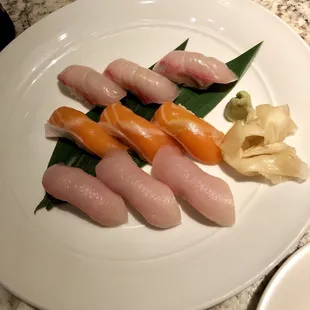 { top to bottom } kanpachi, salmon belly, yellowtail nigiri