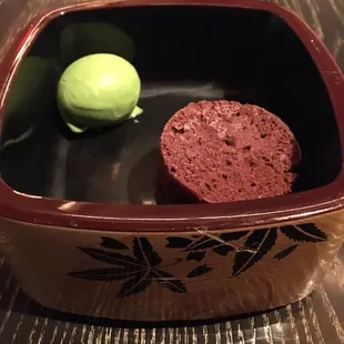 Dessert. Bento box. Lava cake. Matcha tea ice cream.  Nom