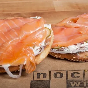 New York Bagel and Lox: Russ &amp; Daughters Smoked Salmon, Caper Berries, Slivered Red Onions and Cream Cheese served on H&amp;H Bagel