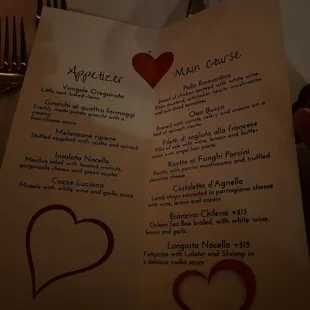 Valentines menu