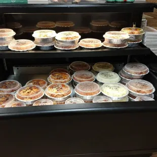 a display case of pies