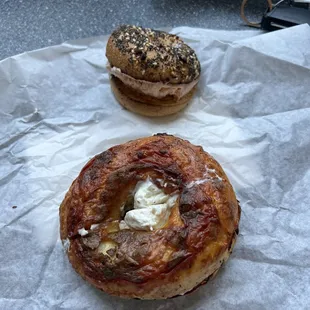 Mini everything bagel with lox schemer and marinara bagel with garlic schemer