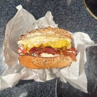 Everything Bagel with bacon, egg, and cream cheese