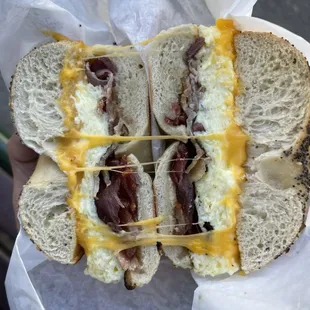 Bacon, egg and cheese on an everything bagel