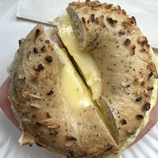 Ham and Egg on Onion Bagel