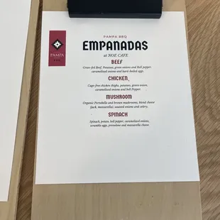 Empanadas menu