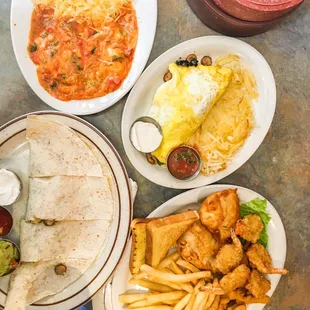 Breakfast quesadilla, huevos rancheros, ultimate omelette, seafood platter