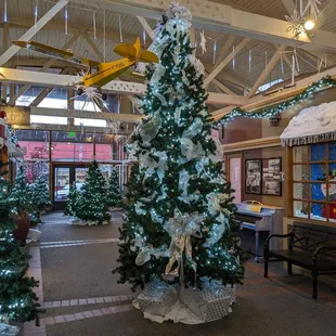 a christmas tree in a restaurant