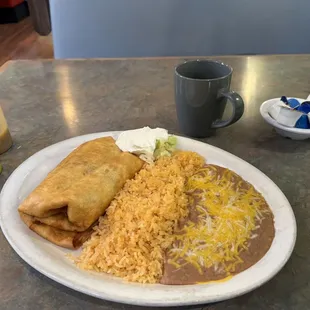 Chicken Chimichanga with rice and beans