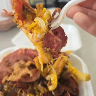 Chili Cheese Fries with Pastrami first bite. So good!