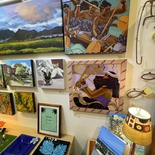 Various paintings and glasswork.