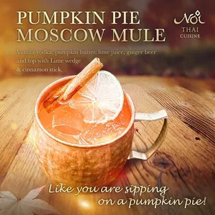 Pumpkin Pie Moscow Mule!
Our new cocktail for this October
&quot;Like you are sipping on a pumpkin pie!&quot;
@ Noi Thai Cuisine Downtown Seattle