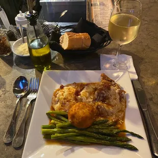 The Veal Saltimbocca, fresh Asparagus and a scoop of Mashed Potatoes rolled in Breading and deep fried.