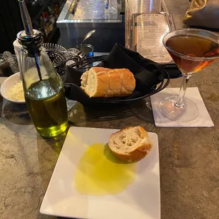 Black and White Martini. Vanilla Vodka and Chocolate Liquor. Olive Oil and fresh Bread.