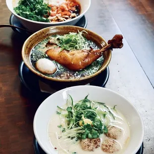 From the top Tomato Ramen, Soy Sauce Ramen and Shio (salt) Ramen.