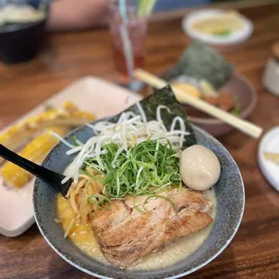 Traditional Ramen with extra egg and bean sprouts, corn ribblets and chicken karaage