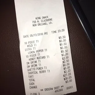 a receipt for a drink