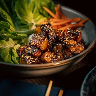 &quot;Burnt Ends&quot; Lettuce Wrap beef belly, spiced honey glaze, carrots, bibb lettuce