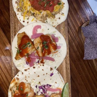 Shrimp taco, fish taco, and chicken taco