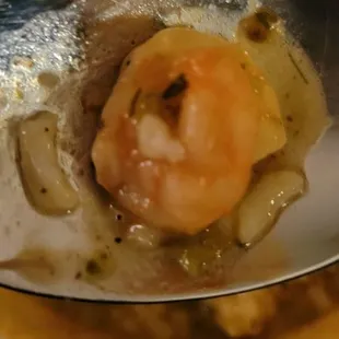 Tiny popcorn shrimp (see grain of rice next to it) in the Big Easy Gumbo.  Not fresh,  definitely frozen.