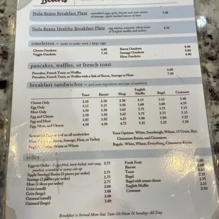 Breakfast menu