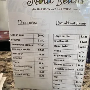 Sweets menu